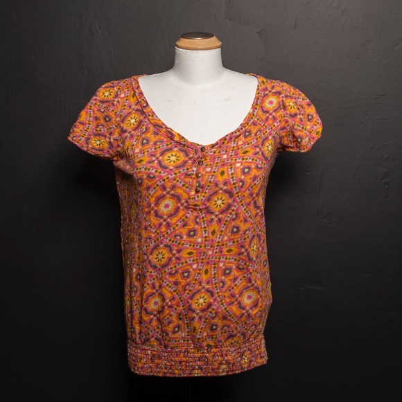 Lucky Brand Geometric Floral Short Sleeve Top Sz S - Picture 1 of 6